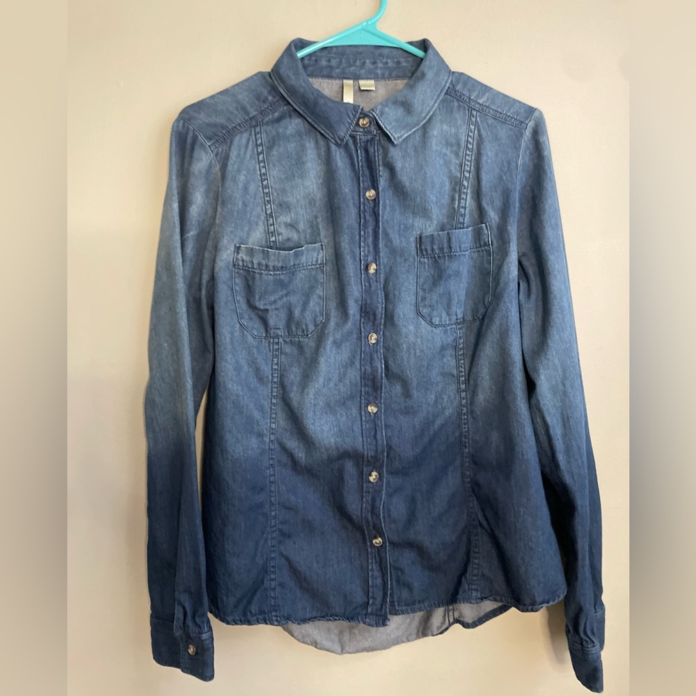 Lauren Conrad Ombré Chambray Denim Button Down Shirt Large Boho Western Cotton